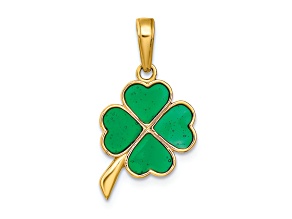 10K Yellow Gold Green Enameled Four Leaf Clover Pendant