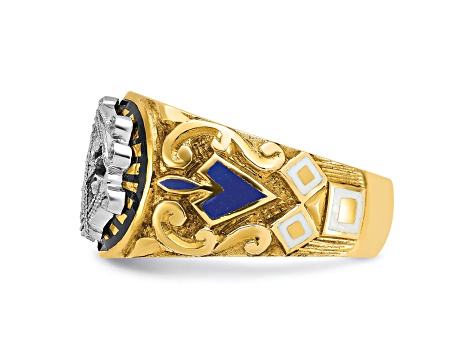 10K Two-Tone Yellow and White Gold Men's Textured and Enameled Masonic Blue Lodge Ring