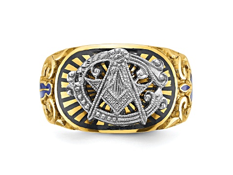 10K Two-Tone Yellow and White Gold Men's Textured and Enameled Masonic Blue Lodge Ring