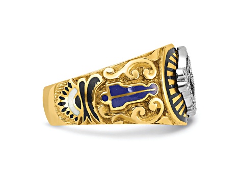 10K Two-Tone Yellow and White Gold Men's Textured and Enameled Masonic Blue Lodge Ring