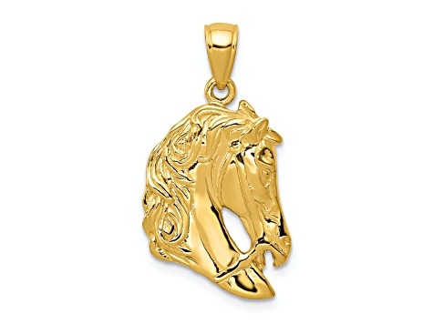 14k Yellow Gold Solid Polished and Textured Open-backed Horse Head Pendant