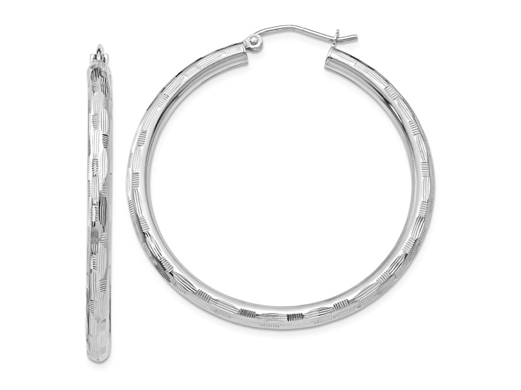 Rhodium Over 14k White Gold Diamond-Cut 1 9/16" Hoop Earrings