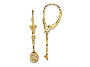 14k Yellow Gold Polished and Textured Tennis Racquet with Ball Dangle Earrings
