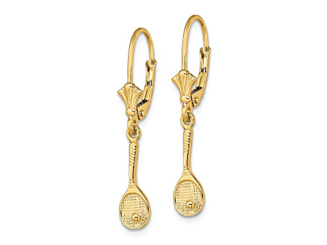 14k Yellow Gold Polished and Textured Tennis Racquet with Ball Dangle Earrings