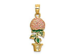 14k Yellow Gold 3D Textured Enameled Pink Hydrangea Flowers in Pot Charm