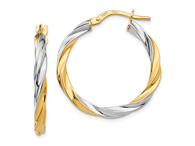 14k Yellow Gold and Rhodium Over 14k Yellow Gold 1" Twisted Hoop Earrings