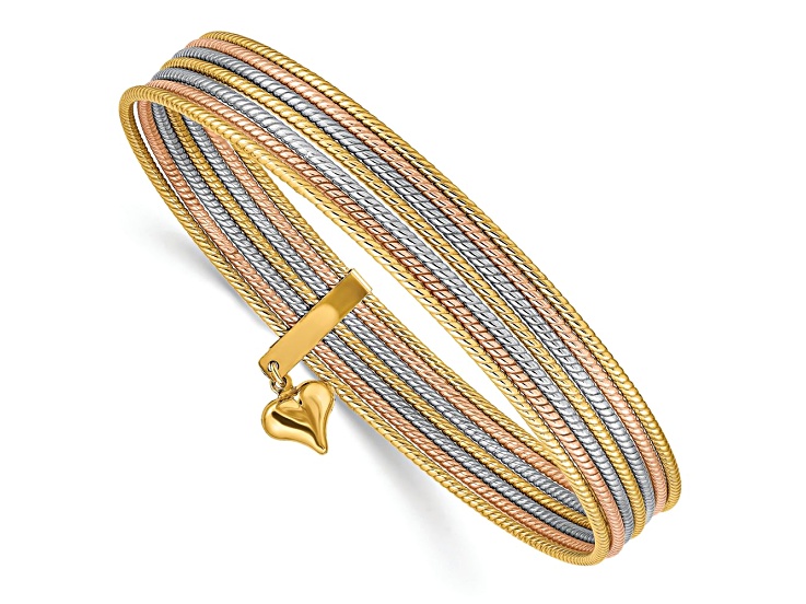14k Tri-color Gold 11mm Oversized Set of 7 Textured Slip-on Bangles with Dangle Heart Charm