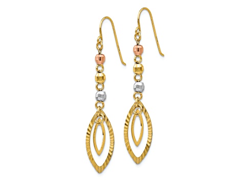 14k Tri-color Gold Diamond-Cut Bead Oval Dangle Earrings