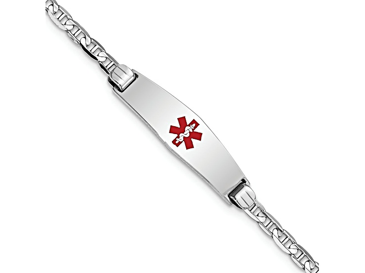 Rhodium Over 14k White Gold Medical Soft Diamond Shape Red Enamel Mariner Link ID Bracelet