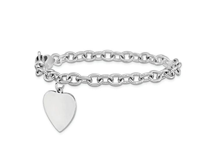Rhodium Over 14k White Gold Polished Link with Heart Charm Bracelet