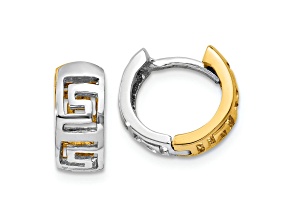 14k Yellow Gold and 14k White Gold 1/2" Greek Key Hinged Hoop Earrings