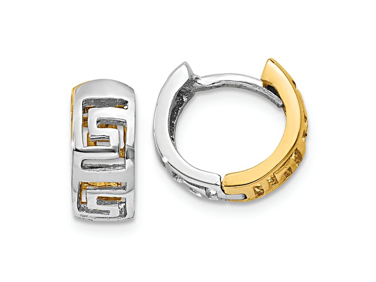 14k Yellow Gold and 14k White Gold 1/2" Greek Key Hinged Hoop Earrings