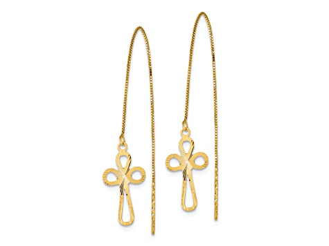 14K Yellow Gold Polished Diamond-Cut Box Chain with Cross Dangle Earrings