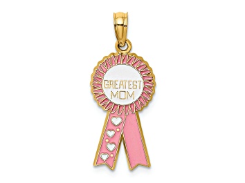Picture of 14k Yellow Gold Textured Enameled Greatest Mom Pink Ribbon Charm