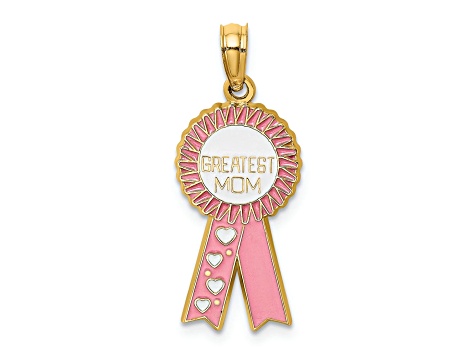 14k Yellow Gold Textured Enameled Greatest Mom Pink Ribbon Charm