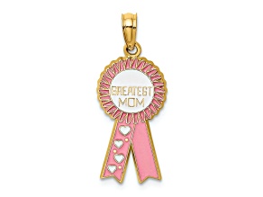 14k Yellow Gold Textured Enameled Greatest Mom Pink Ribbon Charm