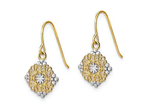 14K Yellow Gold and Rhodium Over 14K Yellow Gold Diamond-Cut Mini Filigree Medallion Dangle Earrings