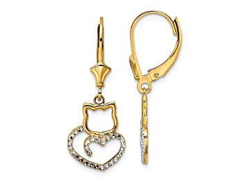 Picture of 14K Yellow Gold and Rhodium Over 14K Yellow Gold Diamond-Cut Cat Heart Dangle Earrings