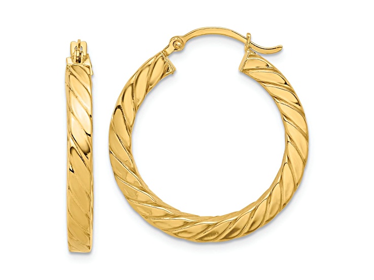 14k Yellow Gold Polished and Twisted 1 1/8" Square Tube Hoop Earrings