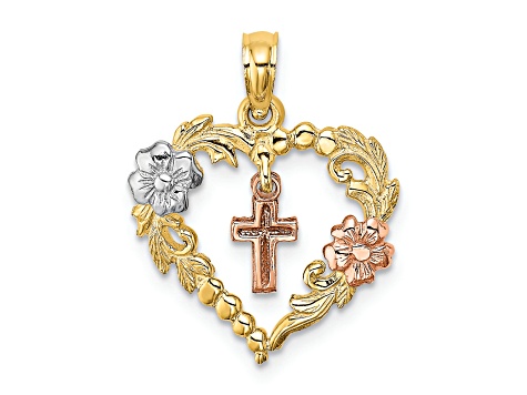 Rhodium Over 14K Tri-Color Gold Heart with Cross and Flowers Charm Pendant