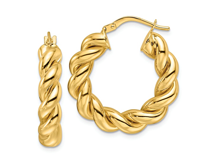 10k Yellow Gold 1 1/8" Polished Twisted Round Hoop Earrings