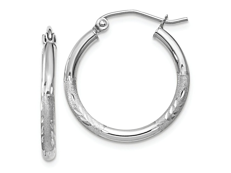 Rhodium Over 10k White Gold Satin and Diamond-Cut 13/16" Round Hoop Earrings