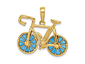 14k Yellow Gold Blue Enameled 3D Moveable Bicycle Pendant