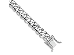 Rhodium Over 10k White Gold 9.6mm Hand Polished Rounded Curb Link Bracelet