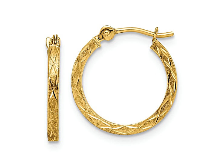 14k Yellow Gold 5/8" Polished Satin and Diamond-Cut Hoop Earrings