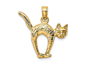 14k Yellow Gold Textured Arch Back and Raised Tail Cat Charm