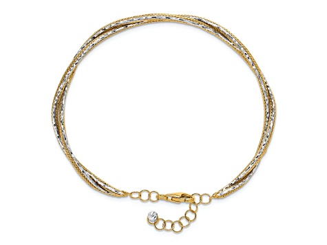 14k Two-tone Gold Diamond-Cut and Textured Braided Bangle with Safety Chain