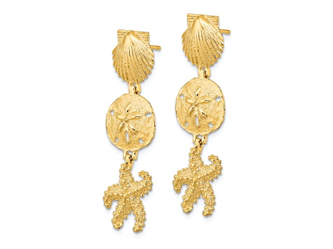 14k Yellow Gold Textured Shell, Sand Dollar, Starfish Dangle Earrings