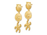 14k Yellow Gold Textured Shell, Sand Dollar, Starfish Dangle Earrings