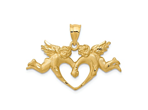 14k Yellow Gold Satin and Diamond-Cut Angels Heart Pendant