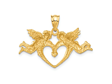 14k Yellow Gold Satin and Diamond-Cut Angels Heart Pendant