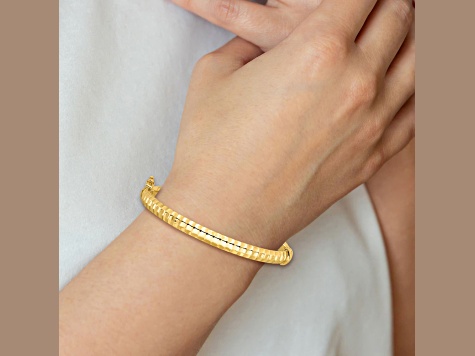 14K Yellow Gold Polished and Ridged Hinged Bangle Bracelet