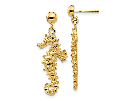 14k Yellow Gold Textured Large Seahorse Dangle Earrings