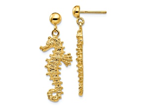 14k Yellow Gold Textured Large Seahorse Dangle Earrings