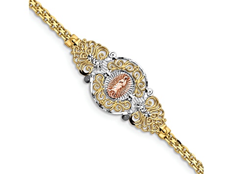 14k Two-Tone Gold with Rhodium Over 14k Yellow Gold Textured Our Lady of Guadalupe Bracelet