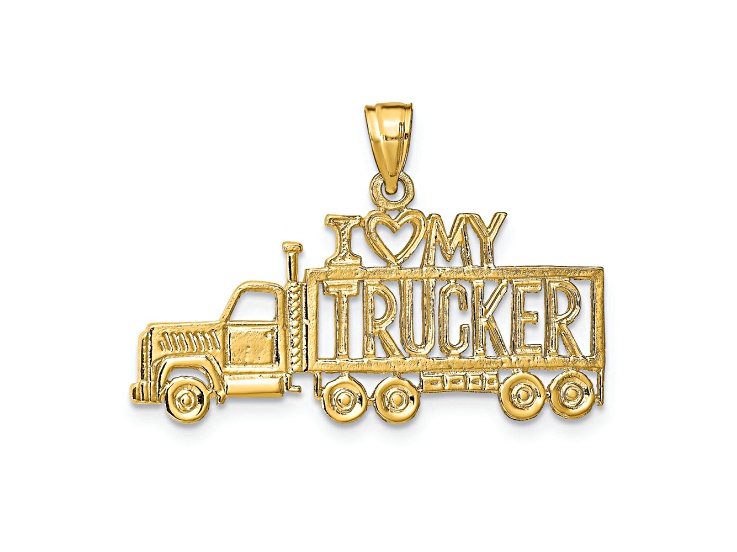 14k Yellow Gold Textured I Love (Heart) My Trucker on Truck Pendant