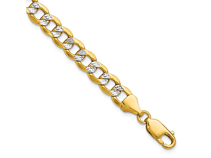 14k Yellow Gold and Rhodium Over 14k Yellow Gold 7.1mm Diamond-Cut Pave Curb Link Bracelet