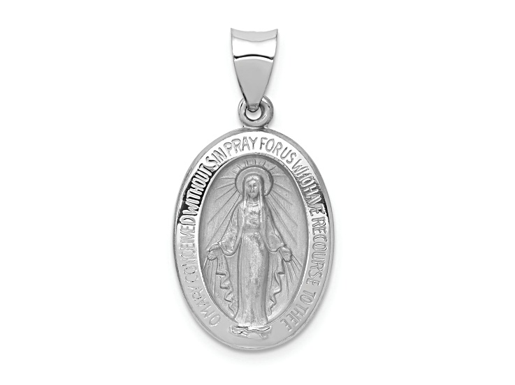 Rhodium Over 14k White Gold Polished and Satin Miraculous Medal Pendant