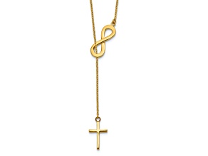 14K Yellow Gold Polished Infinity and Cross Lariat Necklace