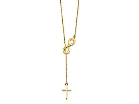 14K Yellow Gold Polished Infinity and Cross Lariat Necklace