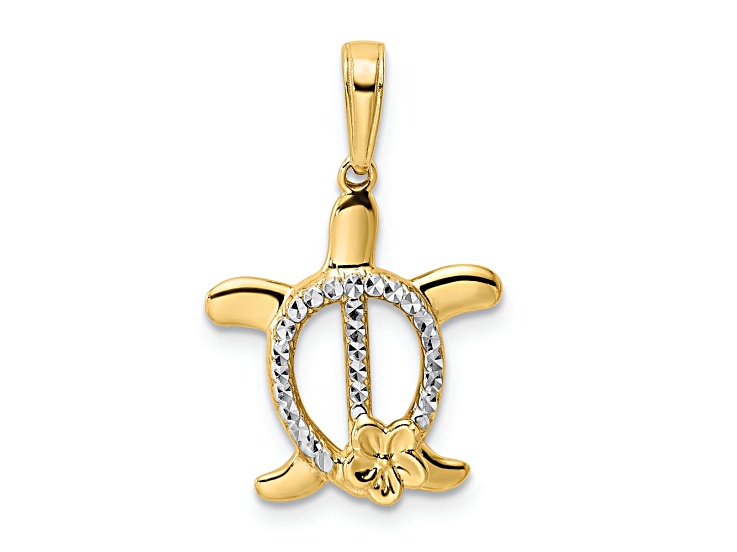 14k Two-tone Gold Diamond-Cut Turtle with Flower Pendant