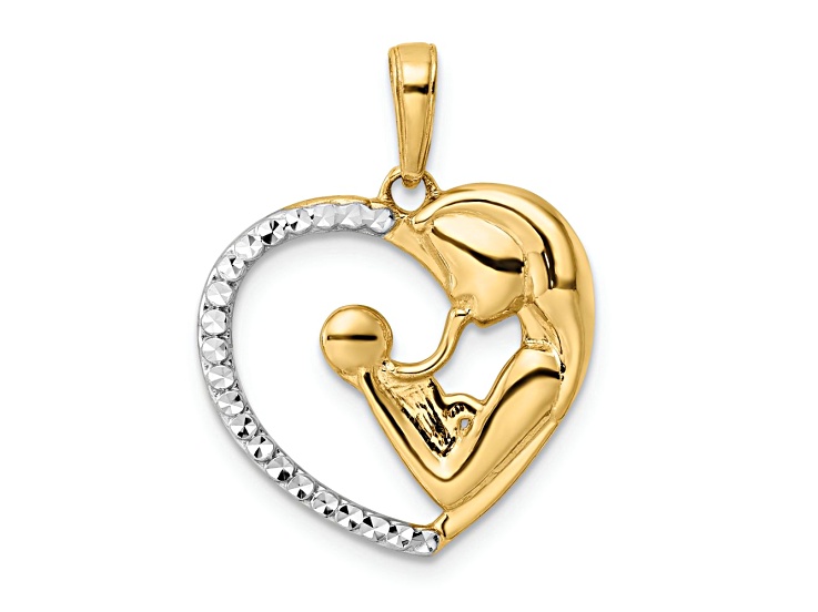 14k Two-tone Gold Diamond-Cut Mother and Baby Heart Pendant