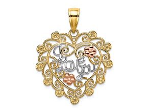 14k Two-tone with Rhodium Over 14k Yellow Gold I Love You Filigree Textured Heart Flower Charm