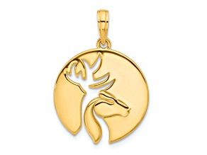 14k Yellow Gold Polished Cut-out Deer Head Circle Pendant