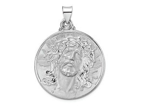Rhodium Over 14k White Gold Polished and Satin Jesus Face Disc Pendant