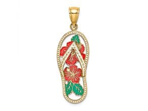 14k Yellow Gold Enamel Red Hibiscus Flower Flip-Flop Charm